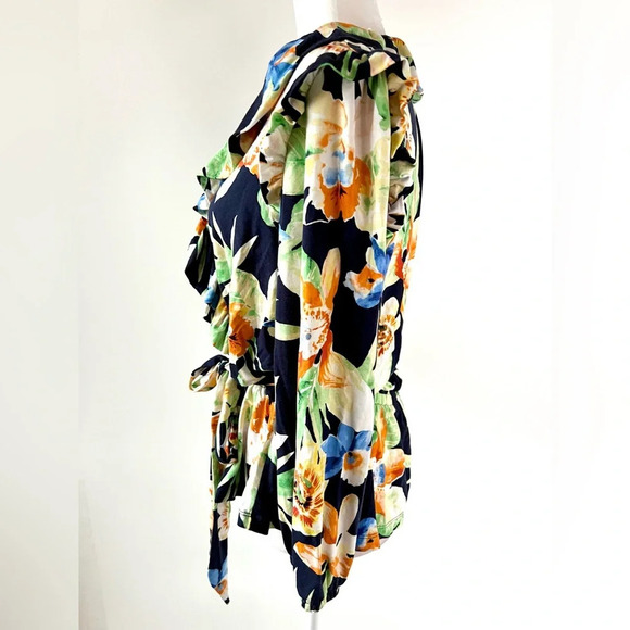 LAUREN RALPH LAUREN | Tropical Floral Ruffle Waist Tie Top Blouse Medium - Picture 6 of 9